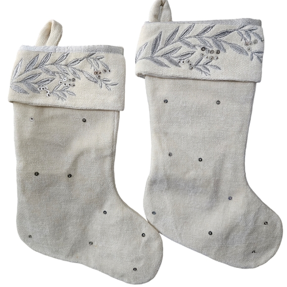 unknown Other - Winter White Velvet Stockings W/ Holly & Berries Embroidered Along With Sequins